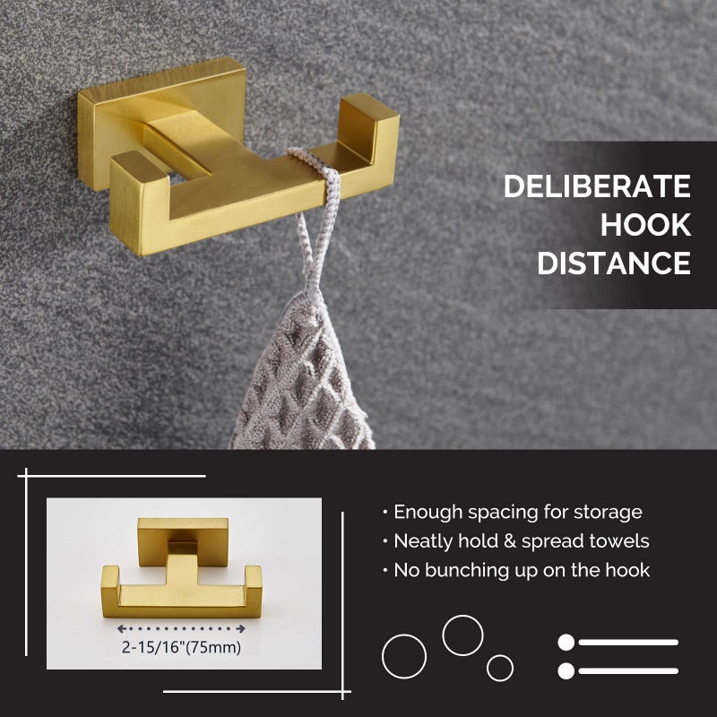 Angle Simple Towel Hook for Bathroom, SUS 304 Stainless Steel Hand Towel Holder, Double Robe Coat Hook for Wall, Brushed Gold - Image 3